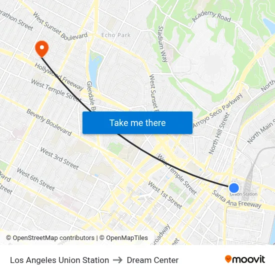 Los Angeles Union Station to Dream Center map