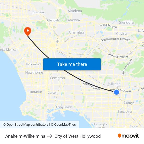 Anaheim-Wilhelmina to City of West Hollywood map