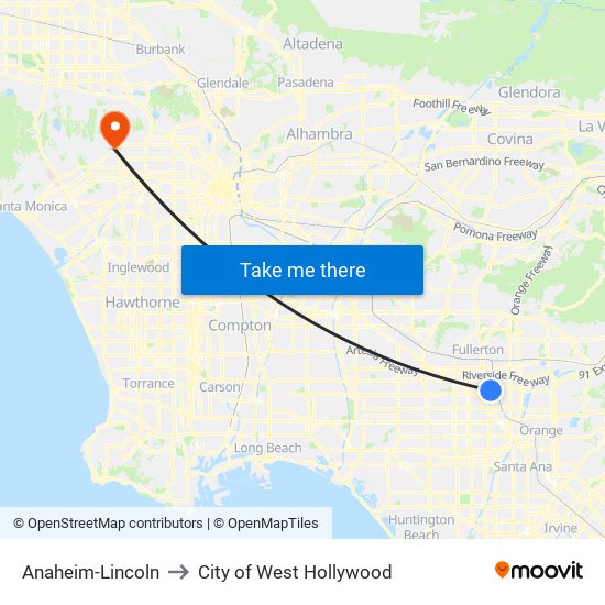 Anaheim-Lincoln to City of West Hollywood map