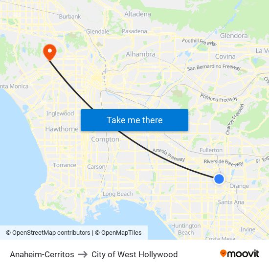 Anaheim-Cerritos to City of West Hollywood map