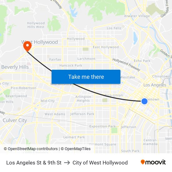 Los Angeles St & 9th St to City of West Hollywood map