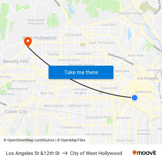 Los Angeles St &12th St to City of West Hollywood map