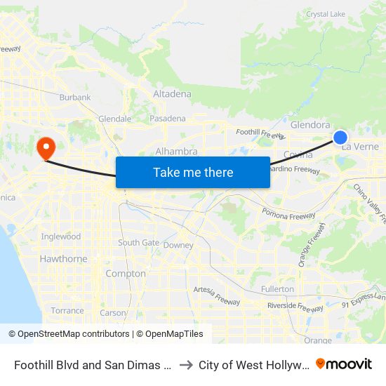 Foothill Blvd and San Dimas Ave E to City of West Hollywood map