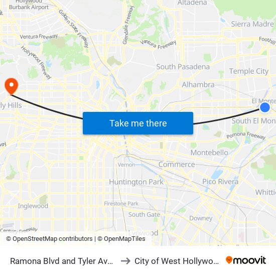 Ramona Blvd and Tyler Ave E to City of West Hollywood map