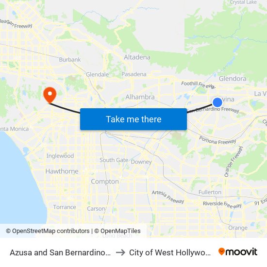 Azusa and San Bernardino N to City of West Hollywood map