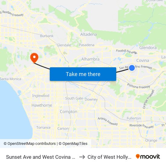 Sunset Ave and West Covina Pkwy N to City of West Hollywood map