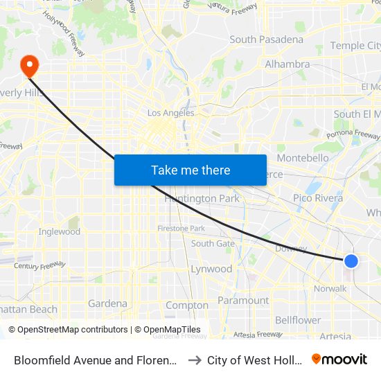 Bloomfield Avenue and Florence Avenue to City of West Hollywood map