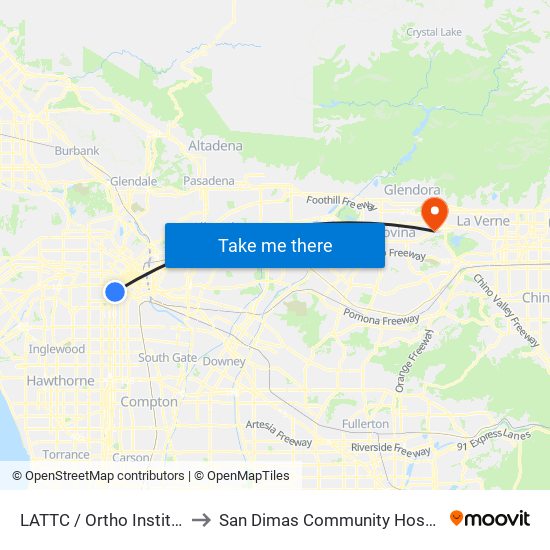 LATTC / Ortho Institute to San Dimas Community Hospital map