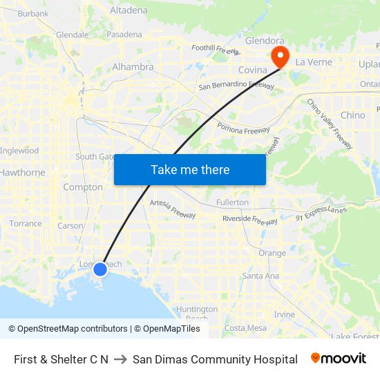 First & Shelter C N to San Dimas Community Hospital map