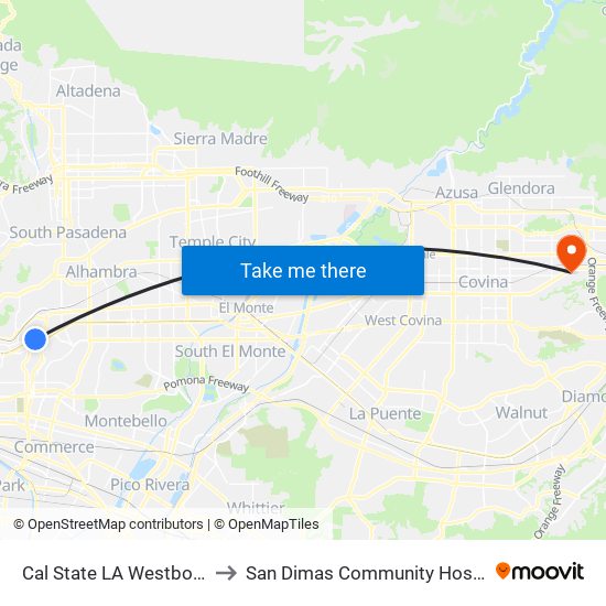 Cal State LA Westbound to San Dimas Community Hospital map