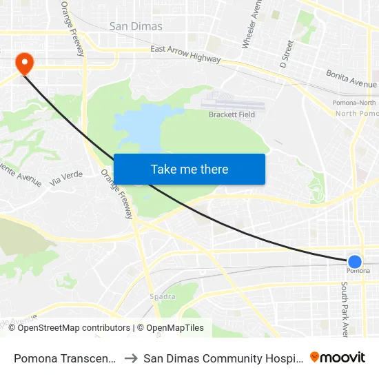 Pomona Transcenter to San Dimas Community Hospital map