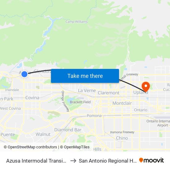 Azusa Intermodal Transit Center to San Antonio Regional Hospital map