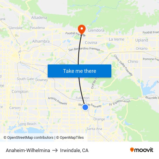 Anaheim-Wilhelmina to Irwindale, CA map