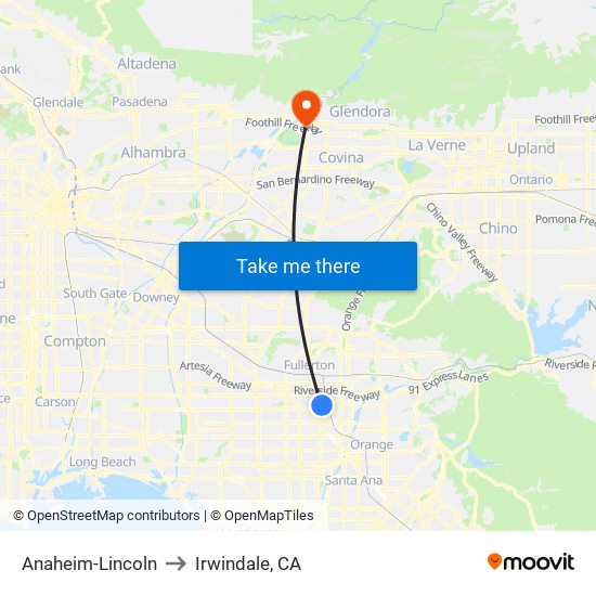 Anaheim-Lincoln to Irwindale, CA map