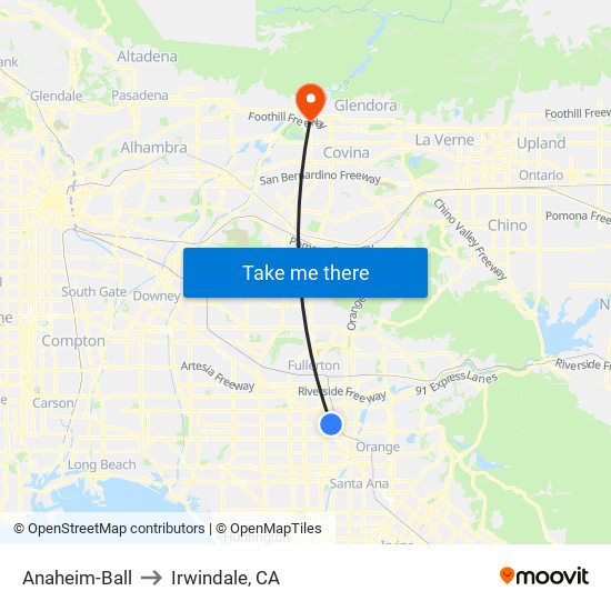 Anaheim-Ball to Irwindale, CA map