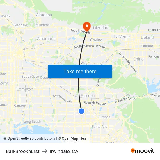 Ball-Brookhurst to Irwindale, CA map
