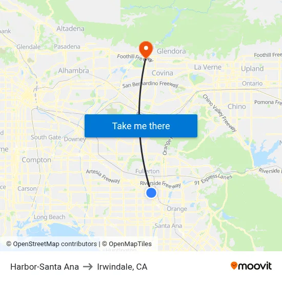 Harbor-Santa Ana to Irwindale, CA map