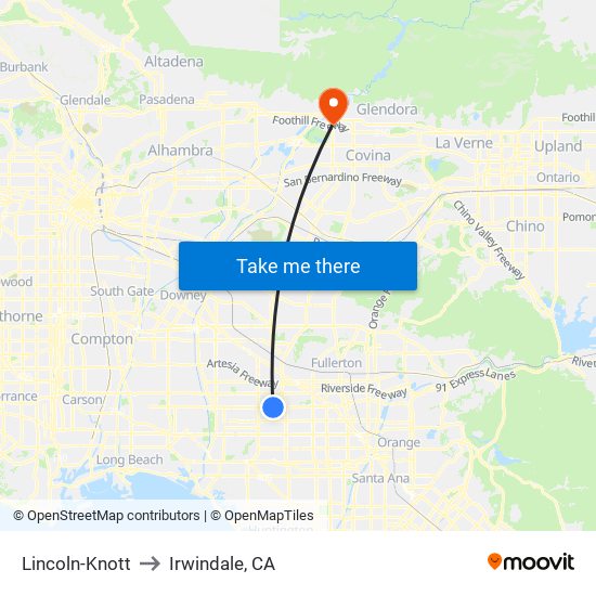 Lincoln-Knott to Irwindale, CA map