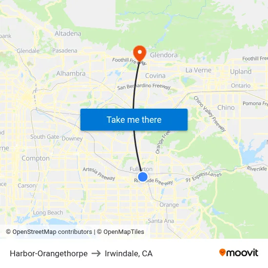 Harbor-Orangethorpe to Irwindale, CA map