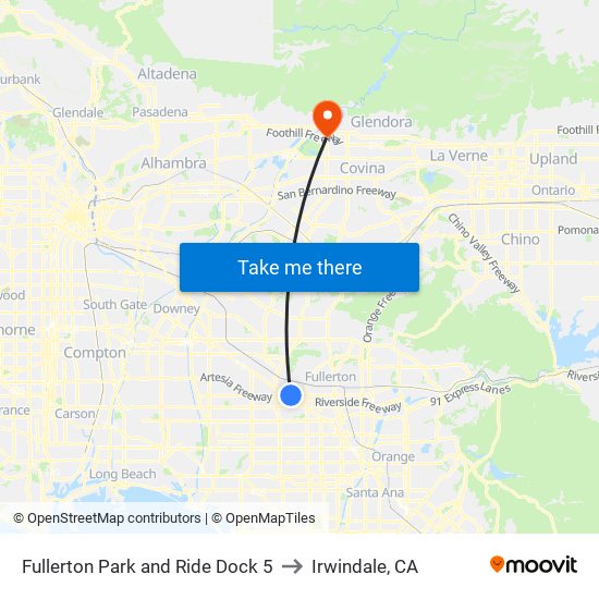 Fullerton Park and Ride Dock 5 to Irwindale, CA map