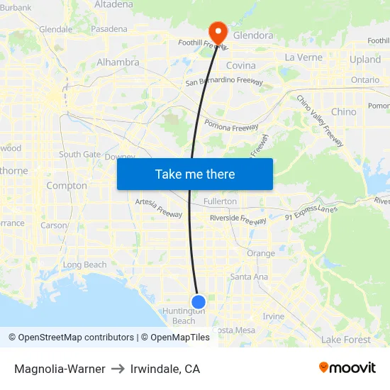 Magnolia-Warner to Irwindale, CA map