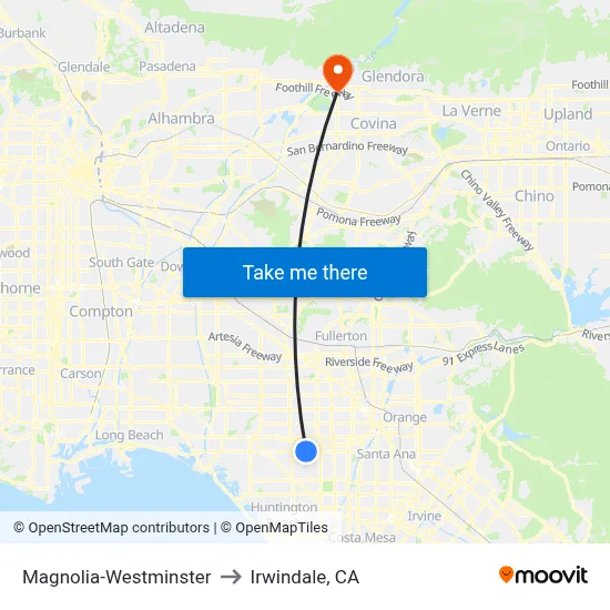 Magnolia-Westminster to Irwindale, CA map