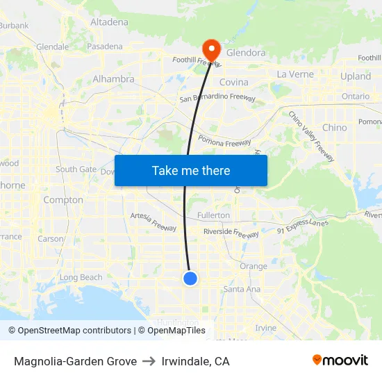 Magnolia-Garden Grove to Irwindale, CA map