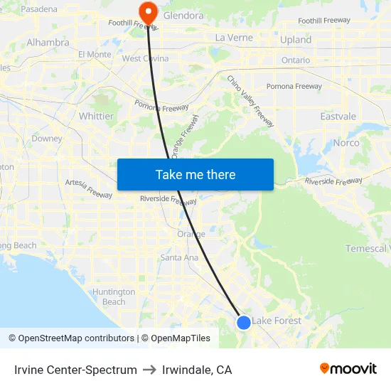 Irvine Center-Spectrum to Irwindale, CA map