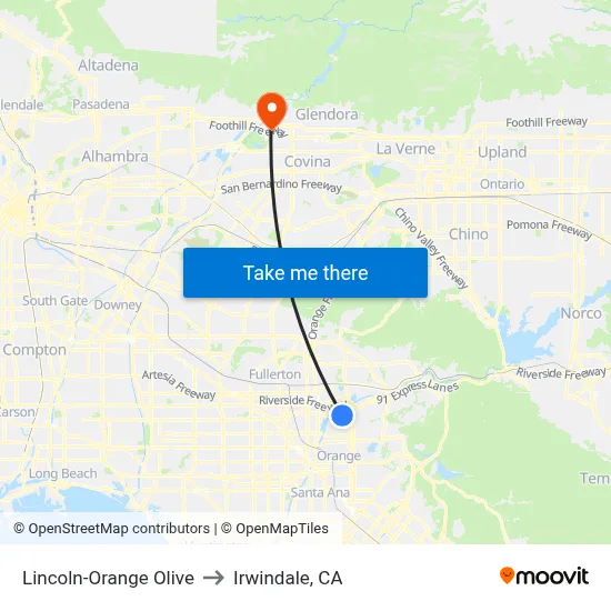 Lincoln-Orange Olive to Irwindale, CA map