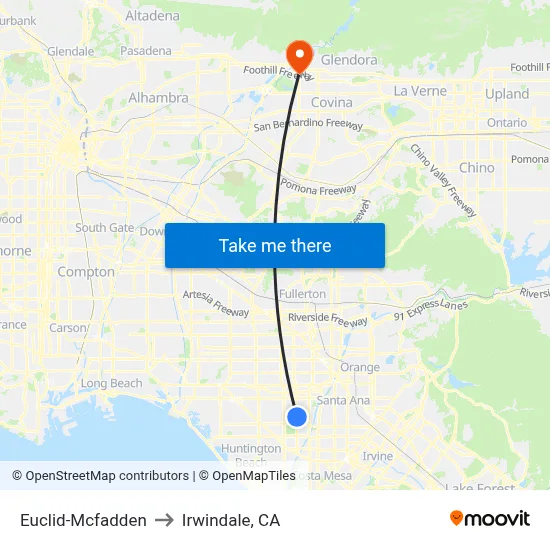 Euclid-Mcfadden to Irwindale, CA map