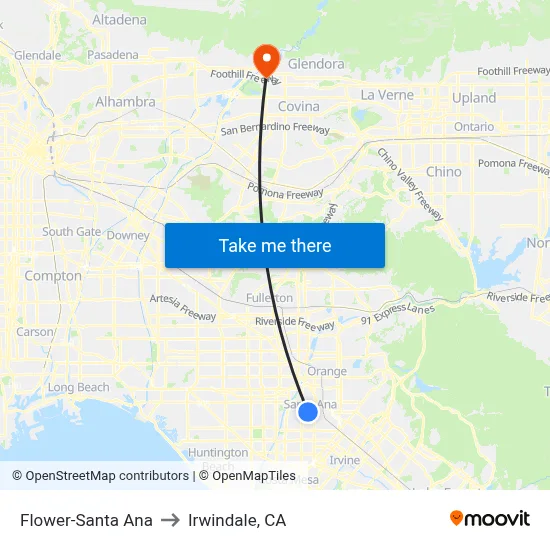Flower-Santa Ana to Irwindale, CA map