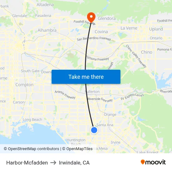 Harbor-Mcfadden to Irwindale, CA map