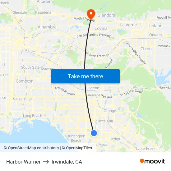 Harbor-Warner to Irwindale, CA map