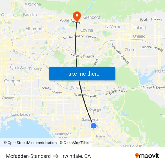 Mcfadden-Standard to Irwindale, CA map