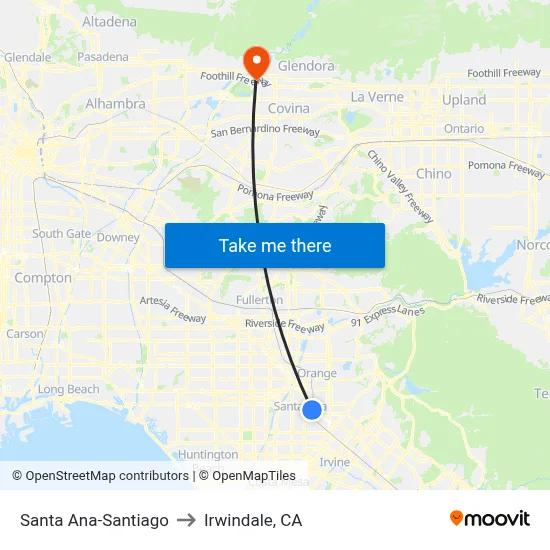 Santa Ana-Santiago to Irwindale, CA map