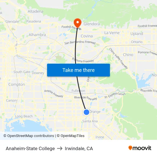 Anaheim-State College to Irwindale, CA map