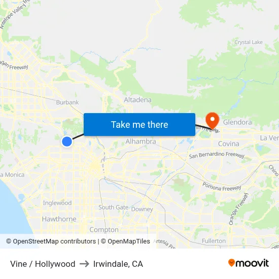 Vine / Hollywood to Irwindale, CA map