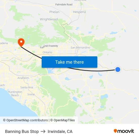Banning Bus Stop to Irwindale, CA map