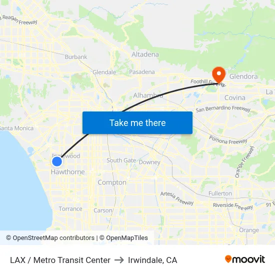 LAX / Metro Transit Center to Irwindale, CA map