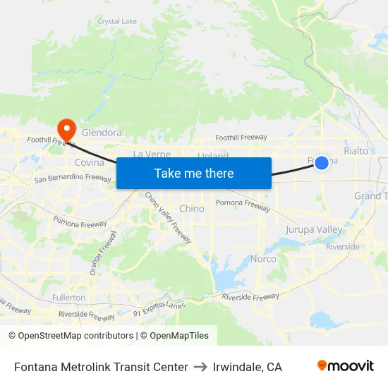 Fontana Metrolink Transit Center to Irwindale, CA map