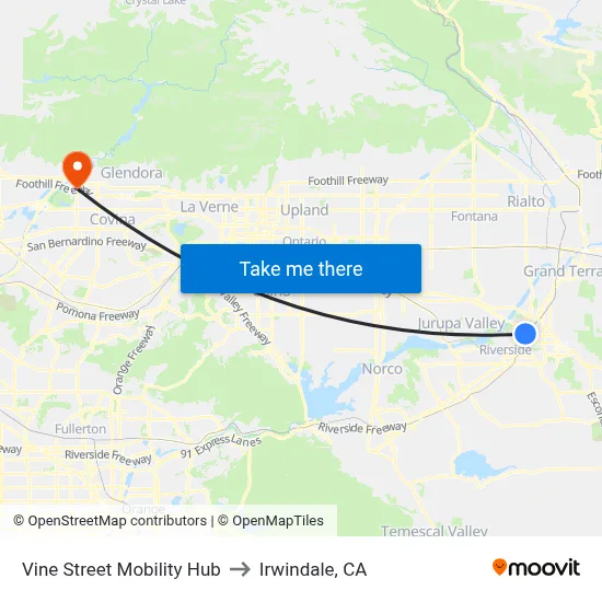 Vine Street Mobility Hub to Irwindale, CA map