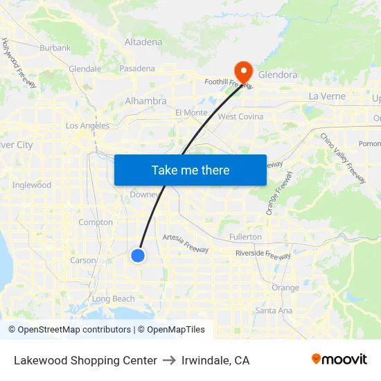 Lakewood Shopping Center to Irwindale, CA map