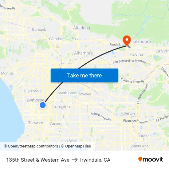 135th Street & Western Ave to Irwindale, CA map