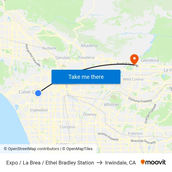 Expo / La Brea / Ethel Bradley Station to Irwindale, CA map