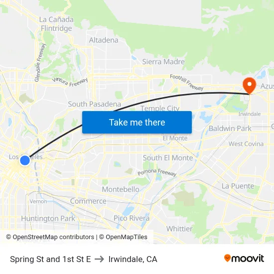 Spring St and 1st St E to Irwindale, CA map