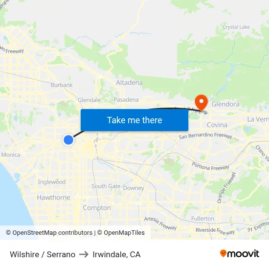 Wilshire / Serrano to Irwindale, CA map