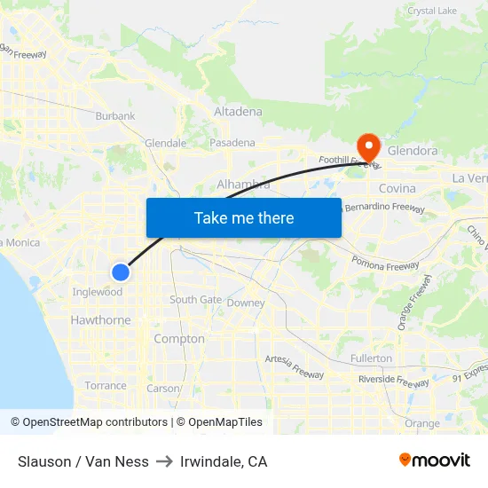 Slauson / Van Ness to Irwindale, CA map