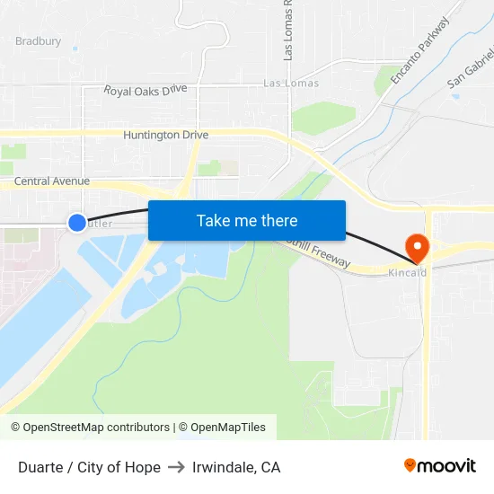 Duarte / City of Hope to Irwindale, CA map