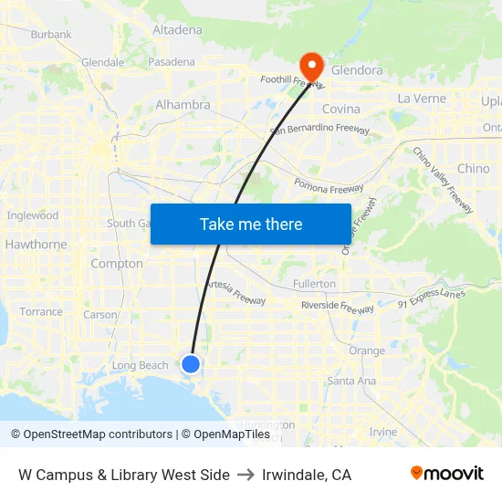 W Campus & Library West Side to Irwindale, CA map