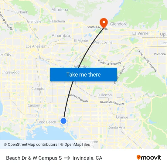 Beach Dr & W Campus S to Irwindale, CA map